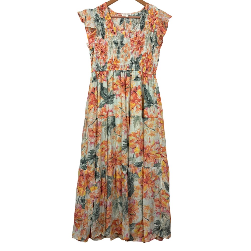 By the River Anthro. Women Flutter Sleeve Smock Tiered Maxi Dress Sz L Cottage
